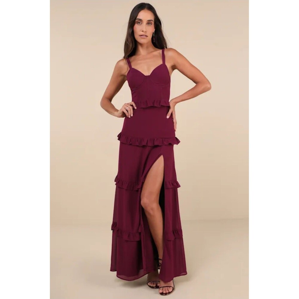 Lulus Dress Womens 1X Plum Purple Sincerely Poised Backless Bustier Tiered Maxi